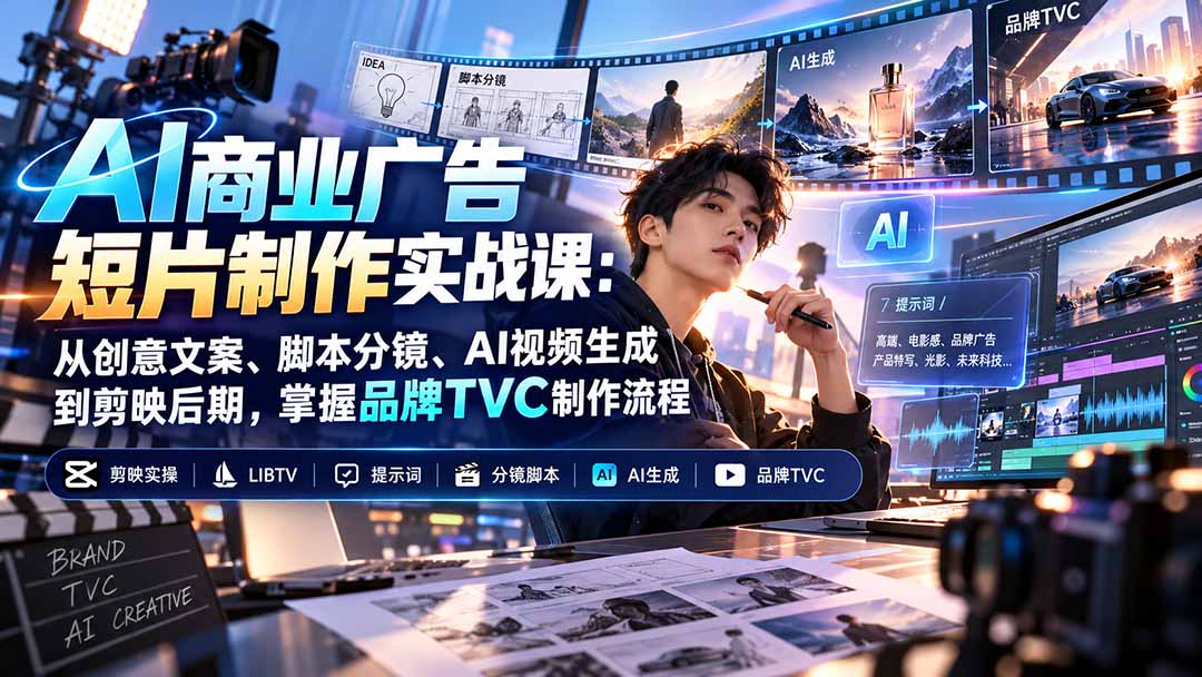 AI商业广告短片制作实战课：从创意文案、脚本分镜、AI视频生成到剪映后期，掌握品牌TVC制作流程-云网创