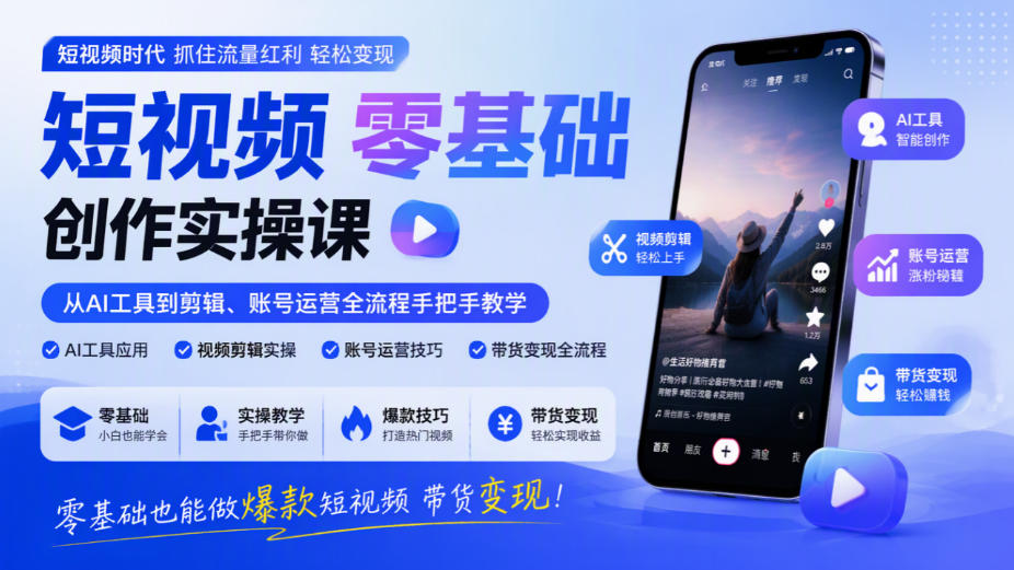 短视频零基础创作实操课，从AI工具到剪辑、账号运营全流程手把手教学，零基础也能做爆款短视频带货变现-云网创