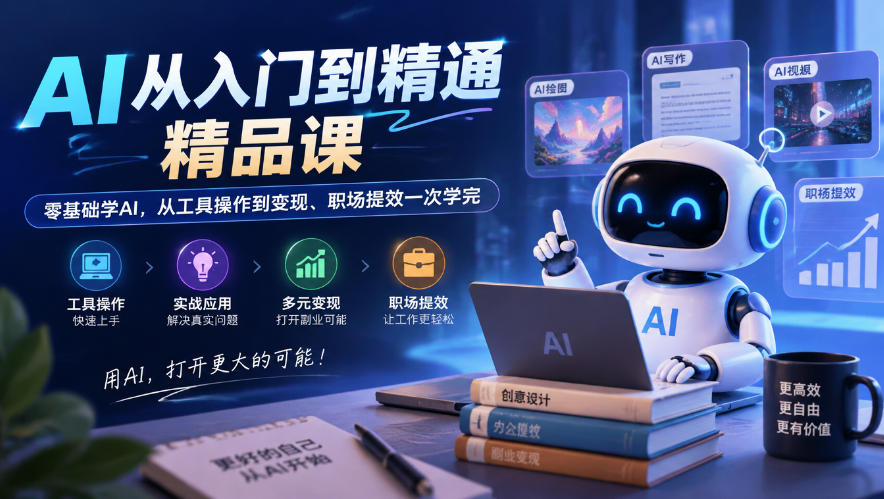AI从入门到精通精品课，零基础学AI，从工具操作到变现、职场提效一次学完-云网创