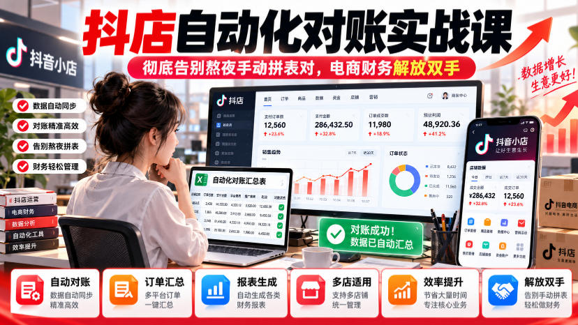 抖店自动化对账实战课，彻底告别熬夜手动拼表对，账电商财务解放双手-云网创