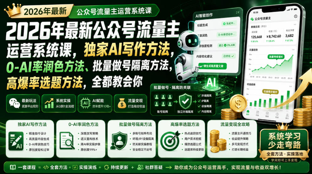 2026年最新公众号流量主运营系统课，独家AI写作方法，0-AI率润色方法、批量做号隔离方法、高爆率选题方法，全都教会你(更新1009)-云网创