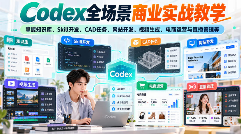 Codex全场景商业实战教学，掌握知识库、Skill开发、CAD任务、网站开发、视频生成、电商运营与直播管理等(更新1010)-云网创