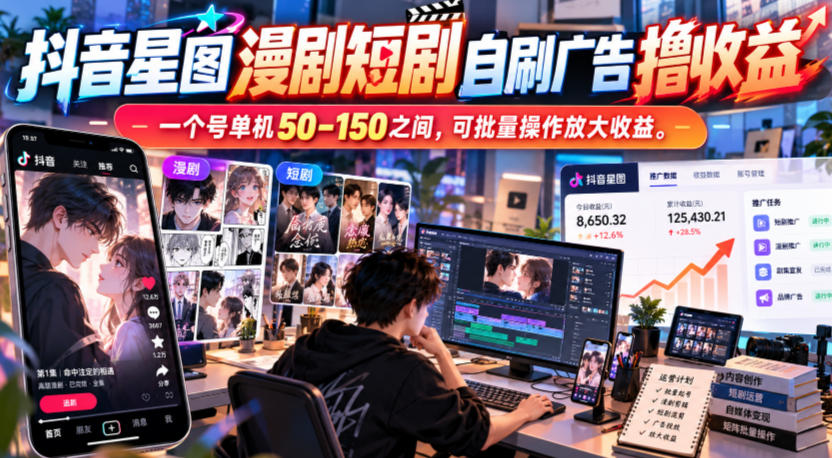 抖音星图漫剧短剧自刷广告撸收益，一个号单机50-150之间，可批量操作放大收益-云网创