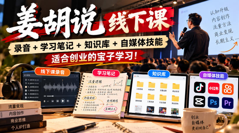 姜胡说线下课录音＋学习笔记＋知识库＋自媒体技能，​适合创业的宝子学习！-云网创