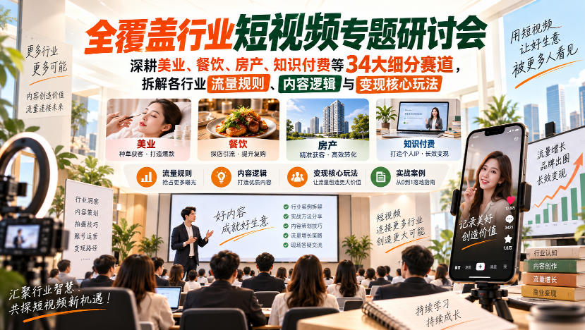 短视频专题研讨会，深耕美业、餐饮、房产、知识付费等34大细分赛道，拆解各行业流量规则、内容逻辑与变现核心玩法(更新1011)-云网创