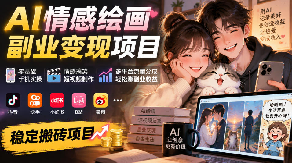 AI情感绘画副业变现项目｜零基础手机实操，情感搞笑短视频制作，多平台流量分成轻松賺副业收益-云网创