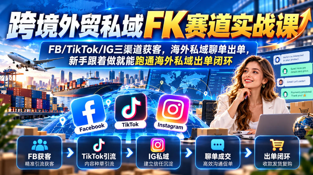 跨境外贸私域FK赛道实战课｜FB/TikTok/IG三渠道获客，海外私域聊单出单，新手跟着做就能跑通海外私域出单闭环-云网创