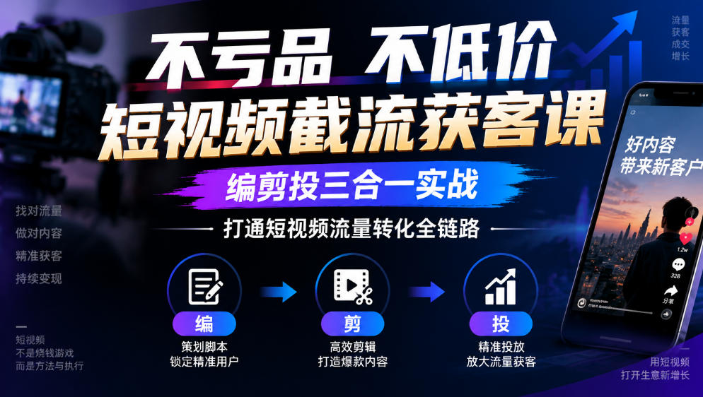 不亏品不低价短视频截流获客课，编剪投三合一实战，打通短视频流量转化全链路-云网创