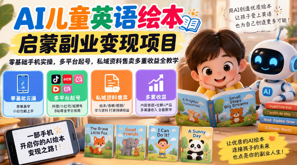 AI儿童英语绘本启蒙副业变现项目，零基础手机实操，多平台起号，私域资料售卖多重收益全教学-云网创
