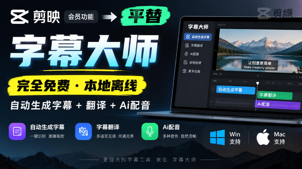 剪映会员功能平替，字幕大师完全免费本地离线，支持自动生成字幕+翻译+Ai配音，Win和Mac都支持！-云网创