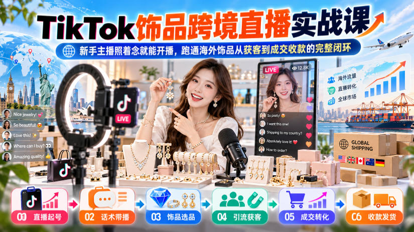 TikTok饰品跨境直播实战课，新手主播照着念就能开播，跑通海外饰品从获客到成交收款的完整闭环-云网创