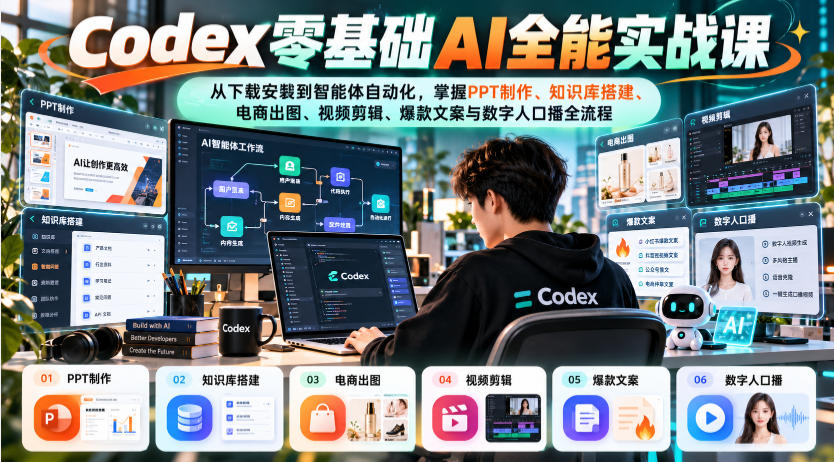 Codex零基础AI全能实战课：从下载安装到智能体自动化，掌握知识库搭建、电商出图、视频剪辑、爆款文案与数字人口播全流程-云网创