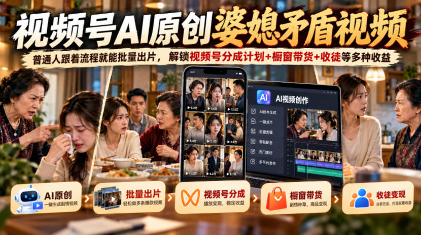 视频号ai原创婆媳矛盾视频，普通人跟着流程就能批量出片，解锁视频号分成计划+橱窗带货+收徒等多种收益-云网创