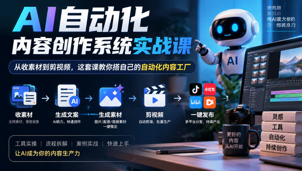 AI自动化内容创作系统实战课，从收素材到剪视频，这套课教你搭自己的自动化内容工厂-云网创