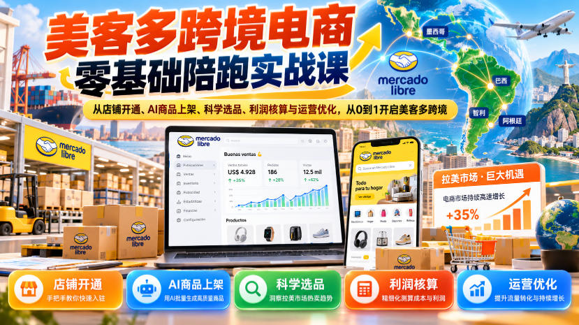 美客多跨境电商零基础陪跑实战课：从店铺开通、AI商品上架、科学选品、利润核算与运营优化，从0到1开启美客多跨境-云网创