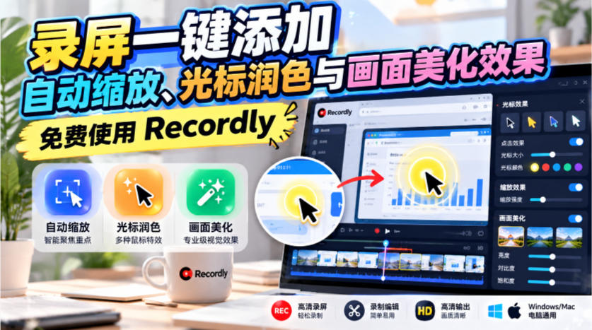 录屏一键添加自动缩放、光标润色与画面美化效果，免费使用Recordly-云网创