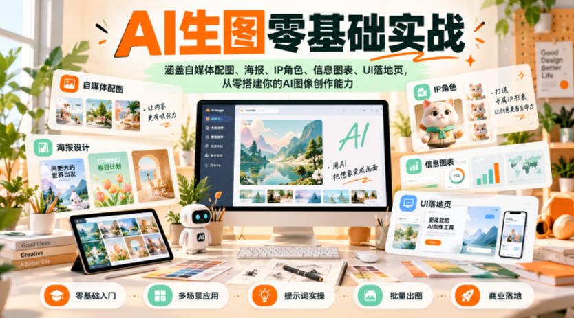 AI生图零基础实战，涵盖自媒体配图、海报、IP角色、信息图表、UI落地页，从零搭建你的AI图像创作能力-云网创
