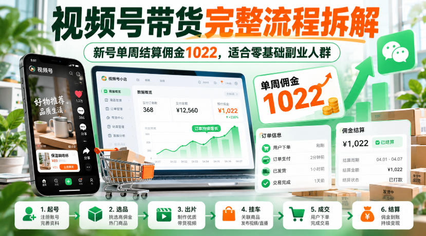 视频号带货完整流程拆解，新号单周结算佣金1022，适合零基础副业人群-云网创