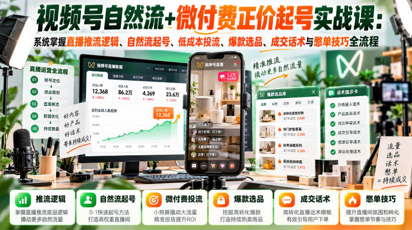 视频号自然流+微付费正价起号实战课：系统掌握直播推流逻辑、自然流起号、低成本投流、爆款选品、成交话术与憋单技巧全流程-云网创