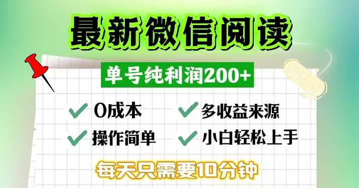 微信阅读最新玩法，每天十分钟，单号一天200+，简单0零成本，当日提现-云网创