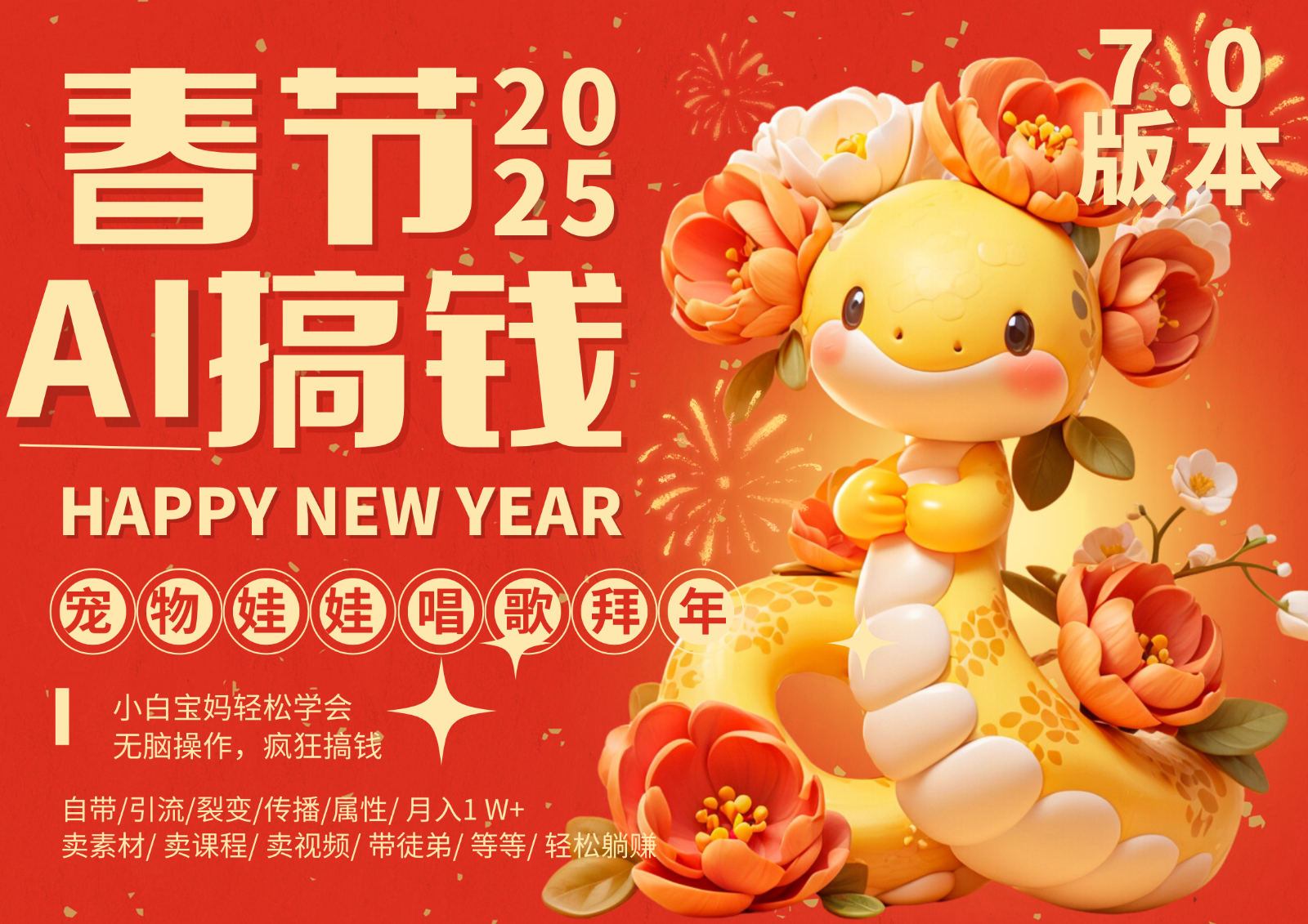 AI春节搞钱7.0升级版 蝴蝶号超火爆萌宠唱歌拜年 AI一键制作 批量出内容 春节做…-云网创