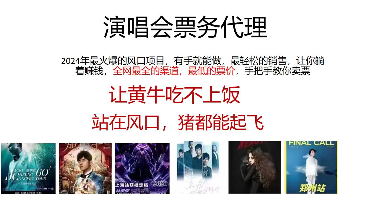 演唱会票务代理，2024年最火爆风口项目，全网最低的票价，小白一分钟上手日入2000+-云网创