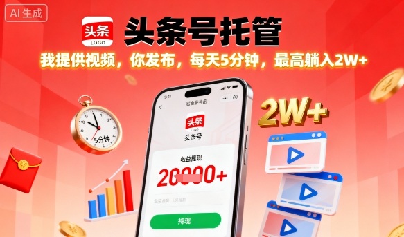 【头条号托管】我提供视频，你发布，每天5分钟，最高躺入2W+【揭秘】-云网创