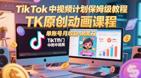 TikTok中视频计划保姆级教程，TK原创动画课程，单账号月收益4k美刀-云网创