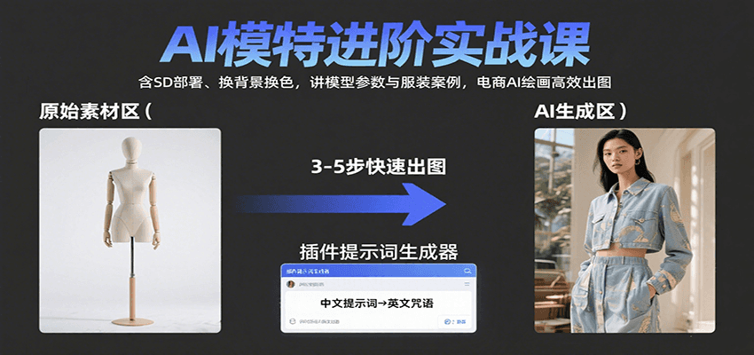 AI模特进阶实战课：含SD部署、换背景换色，讲模型参数与服装案例，电商AI绘画高效出图-云网创