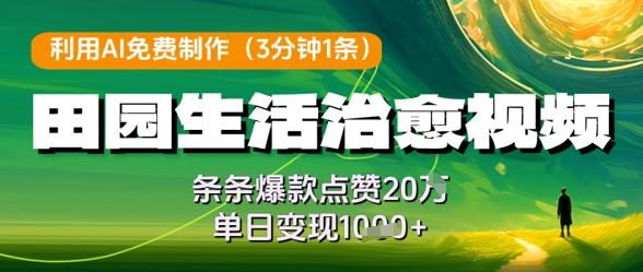 利用AI免费制作田园生活治愈视频，条条爆款点赞20W，单日变现几张-云网创