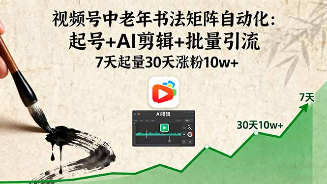 视频号中老年书法矩阵自动化：起号+AI剪辑+批量引流 7天起量30天涨粉10w+-云网创