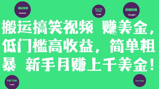 搬运搞笑视频挣美金，低门槛高收益，简单粗暴新手月入上千美刀-云网创