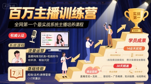 百万主播训练营，全网第一个最实战系统主播培养课程-云网创