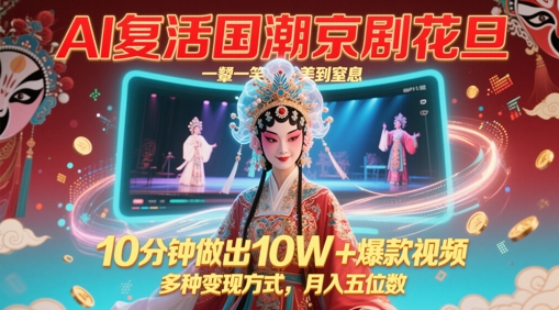 AI复活国潮京剧花旦,一颦一笑美到窒息,10分钟做出10W+爆款视频,多种变现方式,月入五位数