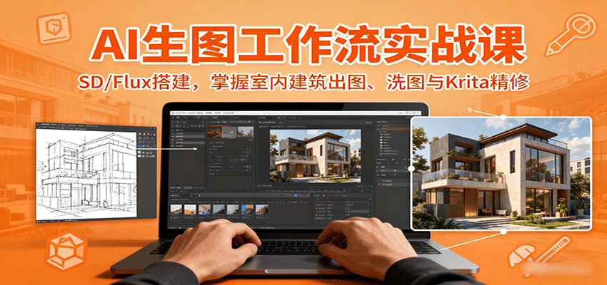 AI生图工作流实战课：SD/Flux搭建，掌握室内建筑出图、洗图与Krita精修-云网创