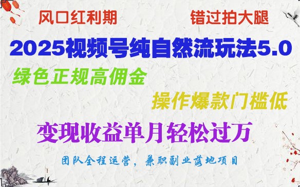 2025视频号纯自然流玩法5.0，绿色正规高佣金，操作爆款门槛低，变现收益单月轻松过万-云网创
