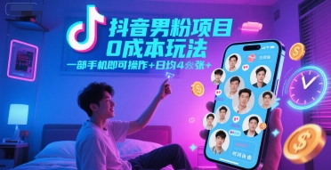 抖音男粉项目0成本玩法，一部手机即可操作，日均4张+，时间自由-云网创