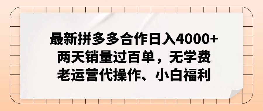 拼多多最新合作日入4000+两天销量过百单，无学费、老运营代操作、小白福利-云网创