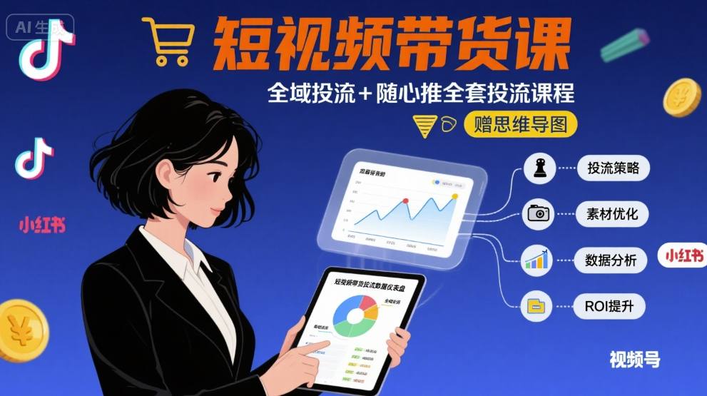 最新短视频带货课，全域投流+随心推全套投流课程+思维导图-云网创