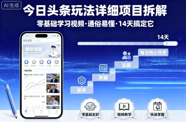 今日头条玩法详细项目拆解，零基础学习视频 通俗易懂 14天搞定它-云网创