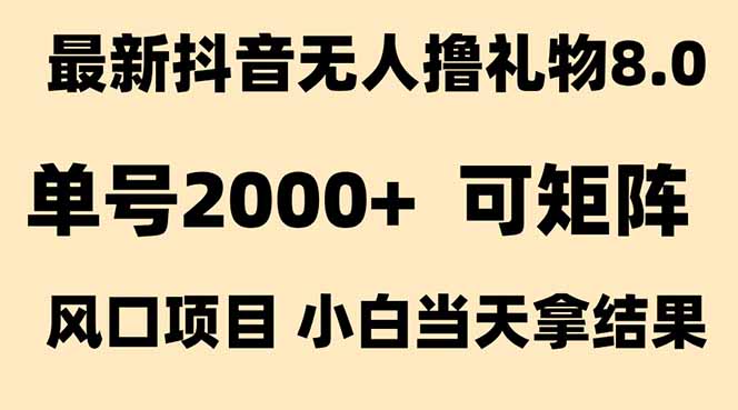 抖音无人撸礼物8.0玩法 全新风口   见效果快  全无人  单号当天产出2000+-云网创
