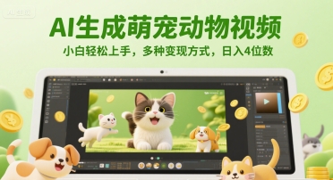 AI生成萌宠动物视频，小白轻松上手，多种变现方式，日入4位数-云网创