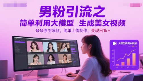 男粉引流之简单利用大模型生成美女视频，条条原创爆款，简单上传制作，变现日1k+-云网创