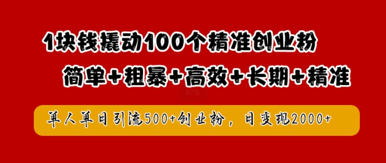 1块钱撬动100个精准创业粉，简单粗暴高效长期精准，单人单日引流500+创业粉，日变现2k【揭秘】-云网创