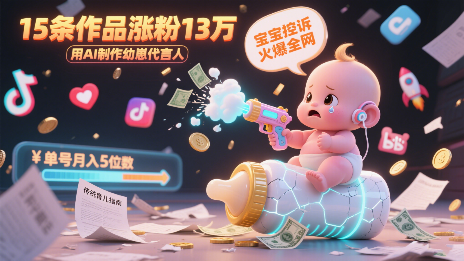 用AI制作幼崽代言人，宝宝的控诉火爆全网，15条作品涨粉13万，单号月入5位数实操教程-云网创