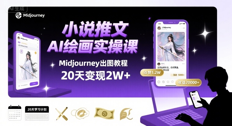 小说推文干货分享之AI绘画MJ出图实操课，用Midjourney做小说推文，20天挣2w-云网创