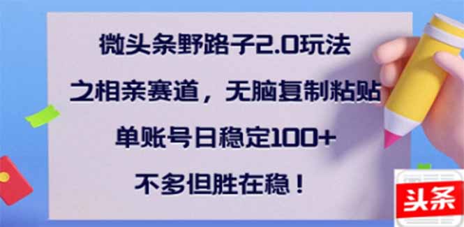 微头条野路子2.0玩法之相亲赛道，无脑搬砖复制粘贴，单账号日稳定300+...-云网创