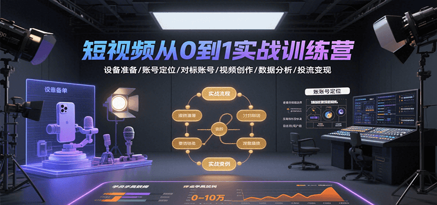 短视频从0到1实战训练营：设备准备/账号定位/对标账号/视频创作/数据分析/投流变现-云网创