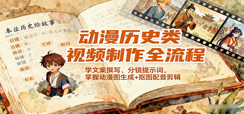 动漫历史类视频制作全流程，学文案撰写、分镜提示词，掌握动漫图生成+抠图配音剪辑-云网创