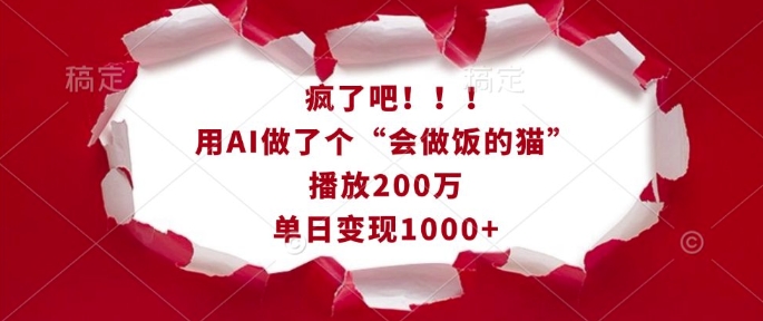 疯了吧!用AI做了个“会做饭的猫”,播放200万,单日变现1k